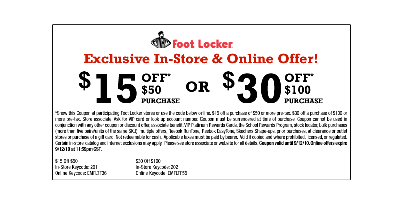 Footlocker $15 off $50 or $30 off $100 printable coupon, online and in-store 